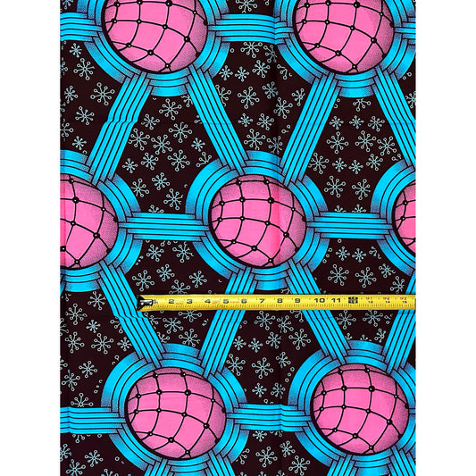 African Print Fabric/ Ankara - Blue, Pink, Brown ‘Cosmic Adinkra' Design, 1 YARD