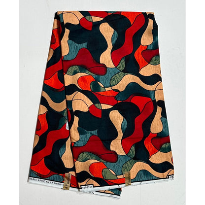 African Print Fabric/ Ankara - Red, Orange, Beige, Shades of Grey 'Camou-Léka' Design, YARD or WHOLESALE