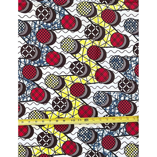 African Print Fabric/ Ankara - Red, Gray, Yellow, Brown 'Rhythm & Round' Design