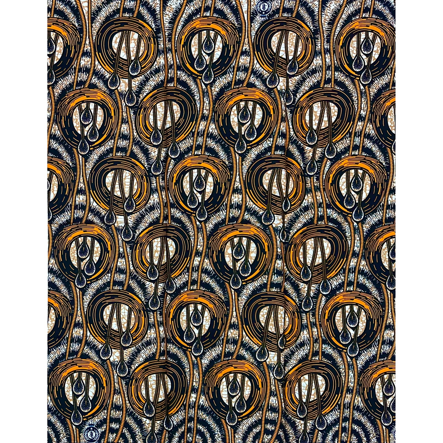African Print Fabric/ Ankara - Brown, Orange "Drop By Drop" Design, Yard