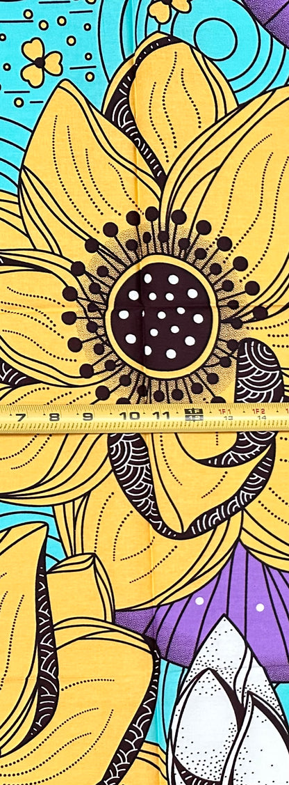 African Print Fabric/Ankara - Blue, Purple, Yellow “Lotus at Daybreak" Design, 1 Yard