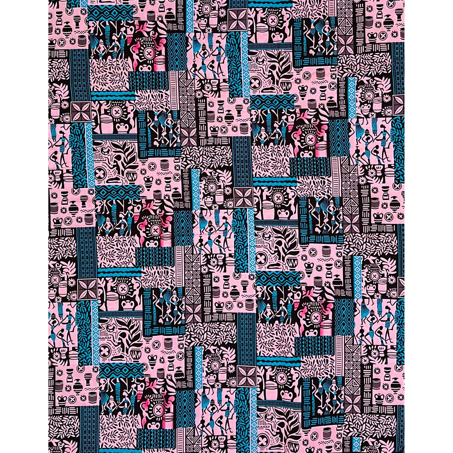 African Print Fabric/ Ankara - Pink, Blue, Black 'Postcards from Bamako' Design, YARD or WHOLESALE