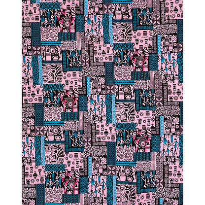 African Print Fabric/ Ankara - Pink, Blue, Black 'Postcards from Bamako' Design, YARD or WHOLESALE