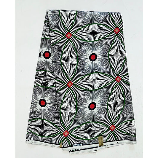 African Print Fabric/ Ankara - Black, White, Green, Red 'Kelele ' Design, YARD or WHOLESALE