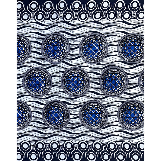 African Print Fabric/ Ankara - White, Shades of Blue 'Atlantic Traffic', 1 Yard