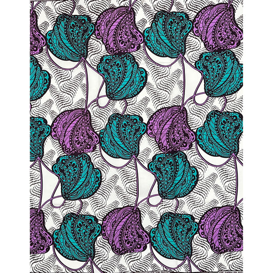 African Print Fabric/ Ankara - Cream, Teal, Purple ‘Amethyst Tide' Design, 1 YARD