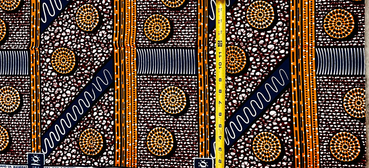 African Print Fabric/ Ankara - Orange, Navy 'Pillars of Memory', 1 YARD