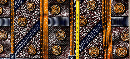 African Print Fabric/ Ankara - Orange, Navy 'Pillars of Memory', 1 YARD