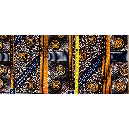 African Print Fabric/ Ankara - Orange, Navy 'Pillars of Memory', 1 YARD