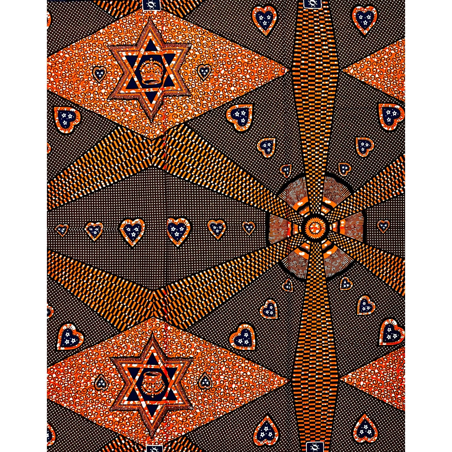 African Print Fabric/ Ankara - Orange, Navy 'Ade Obi', 1 YARD