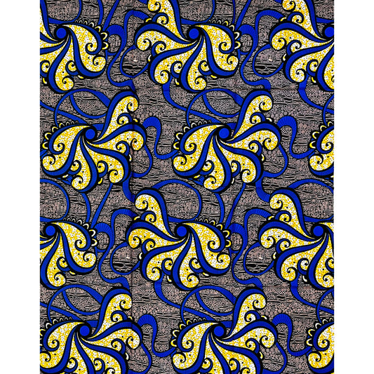 African Print Fabric/ Ankara - Yellow, Blue, Black 'Sannu a Hankali' Design
