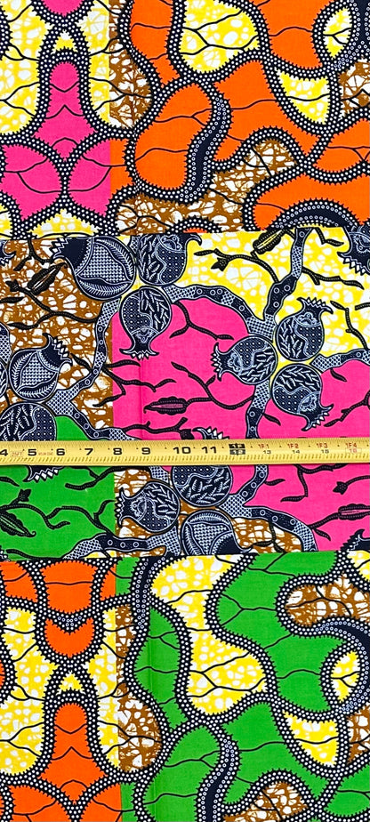 African Print Fabric/ Ankara - Pink, Orange, Green, Yellow 'Everybody’s Cousin', 1 YARD