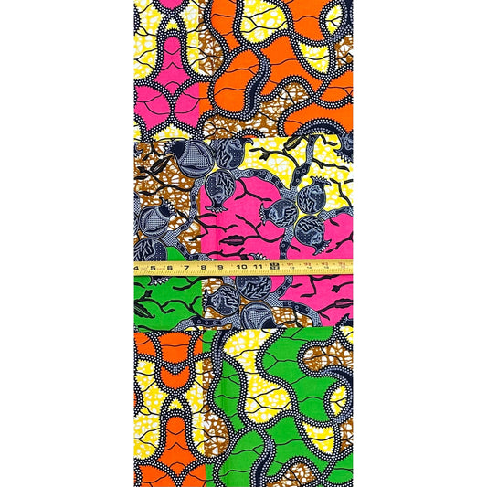 African Print Fabric/ Ankara - Pink, Orange, Green, Yellow 'Everybody’s Cousin', 1 YARD