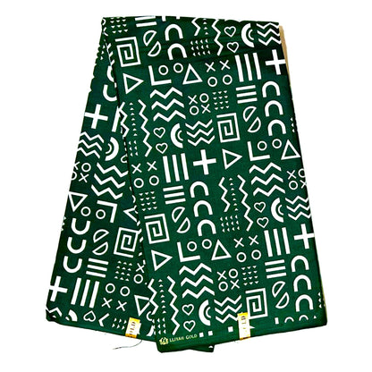 African Print Fabric/ Ankara - Green, White 'Kírin' Design, YARD or WHOLESALE