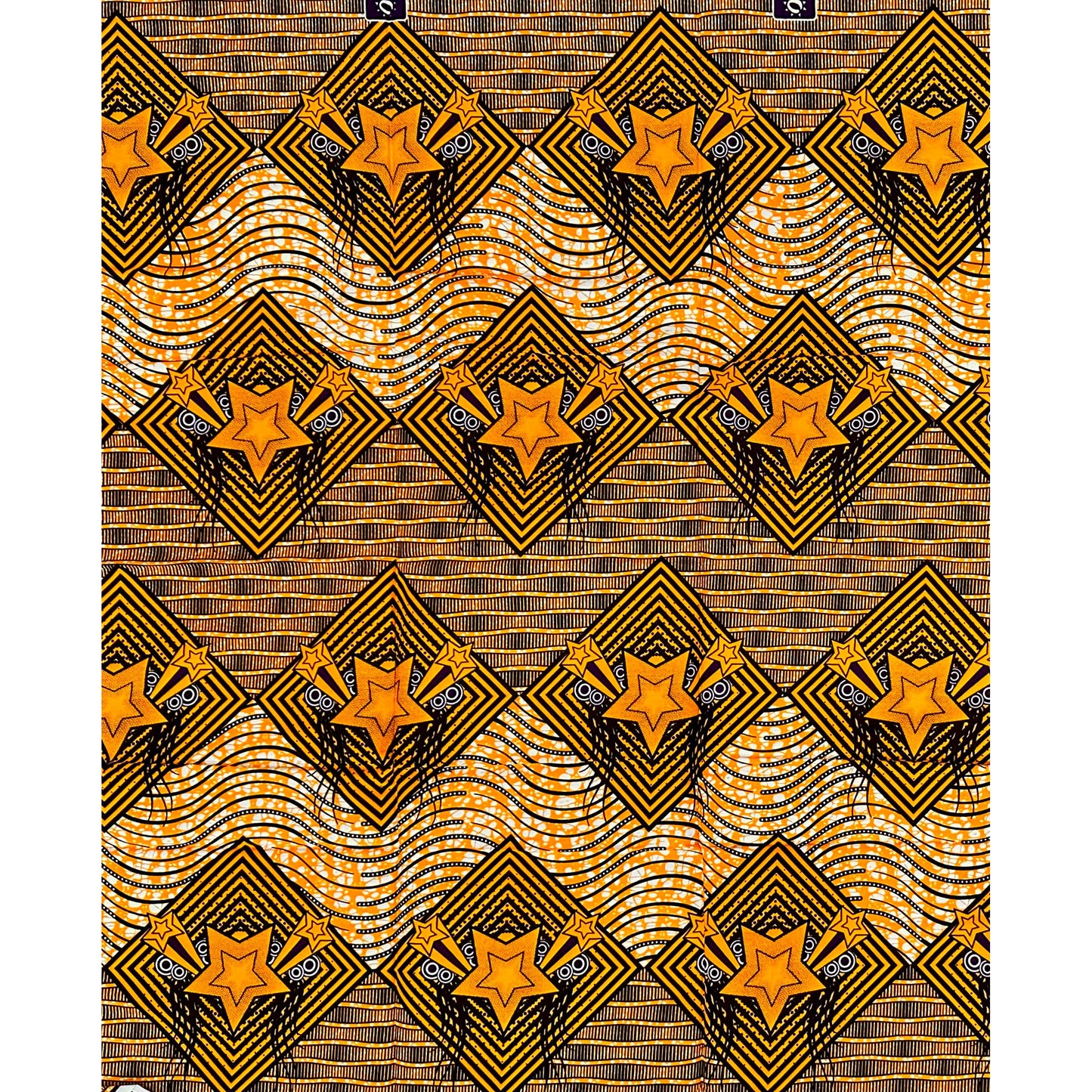 African Print Fabric/ Ankara - Orange, Black ‘Star of the Standard' Design, 1 YARD