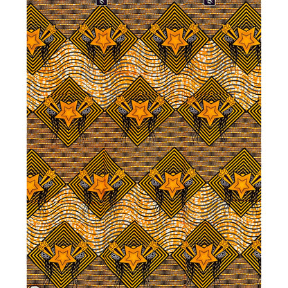 African Print Fabric/ Ankara - Orange, Black ‘Star of the Standard' Design, 1 YARD