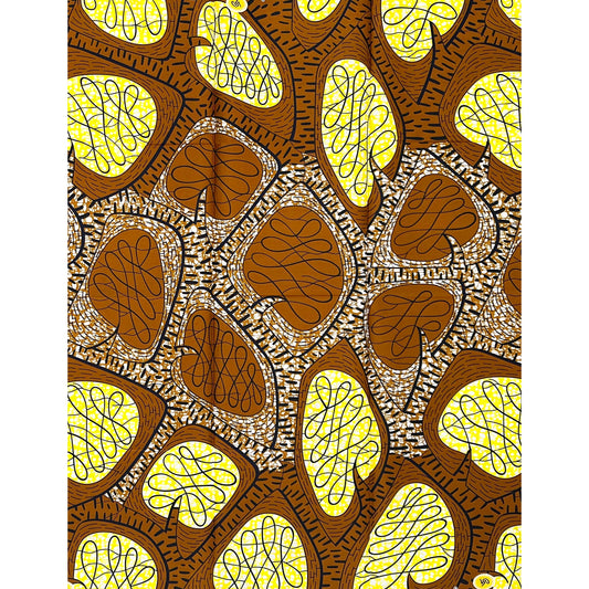 African Print Fabric/ Ankara - Brown, Yellow ‘Palmroot', ~1 YARD