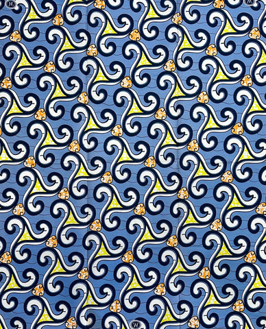 African Print Fabric/Ankara - Gray, Navy, Orange, Yellow “Kaléno" Design, 1 Yard