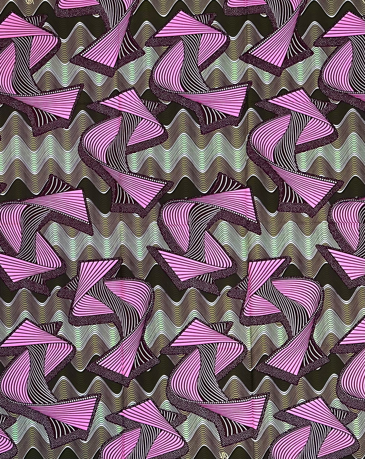 African Print Fabric/Ankara - Pink, Green, Brown "Pulse & Rhythm" Design, 1 Yard