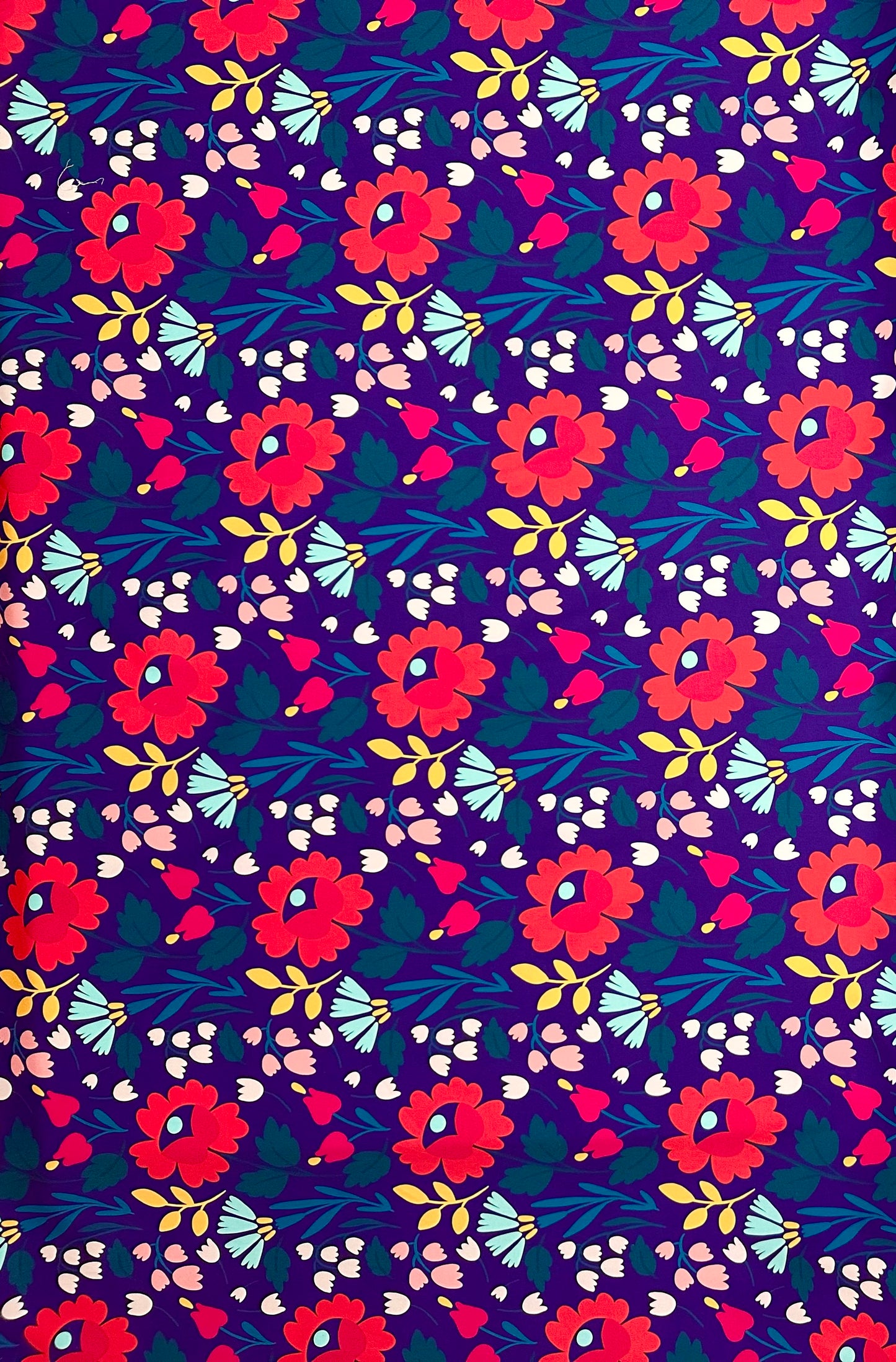 African Print, Stretch Cotton Satin Fabric- Midnight Purple, Green, Red, Yellow "Ìfẹ́ in Bloom" Per Yard