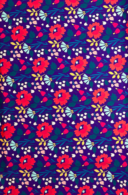 African Print, Stretch Cotton Satin Fabric- Midnight Purple, Green, Red, Yellow "Ìfẹ́ in Bloom" Per Yard