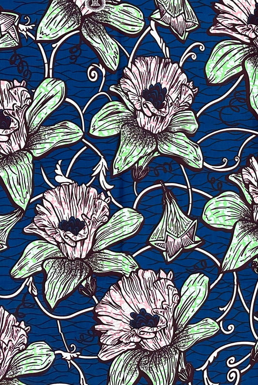 African Print Fabric/Ankara - Blue, Pink, Green ‘Abidjan Bloom', YARD or WHOLESALE