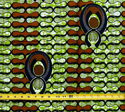 African Print Fabric/ Ankara - Green, Brown 'Crown Seed' Design
