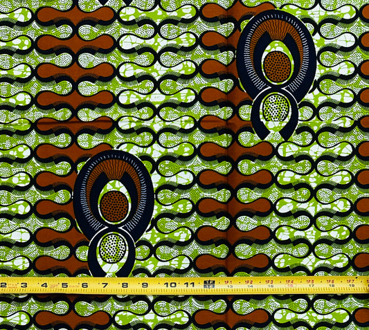 African Print Fabric/ Ankara - Green, Brown 'Crown Seed' Design