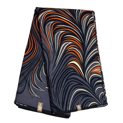 African Print Fabric/ Ankara - Gray, Orange, Beige, Black 'Fire Dance' Design, YARD or WHOLESALE