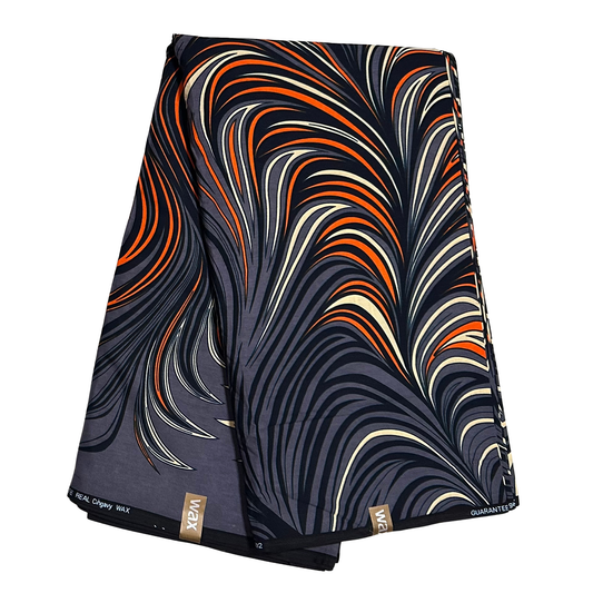 African Print Fabric/ Ankara - Gray, Orange, Beige, Black 'Fire Dance' Design, YARD or WHOLESALE