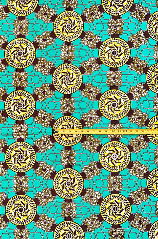 African Fabric/ Ankara - Turquoise, Yellow, Brown, Green "Crown of the World", 1 YARD