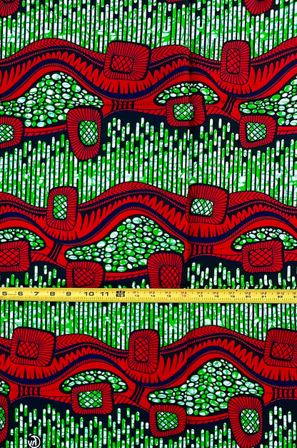 African Print Fabric/ Ankara - Red, Green 'Ọmụgwọ Harvest' Design, YARD
