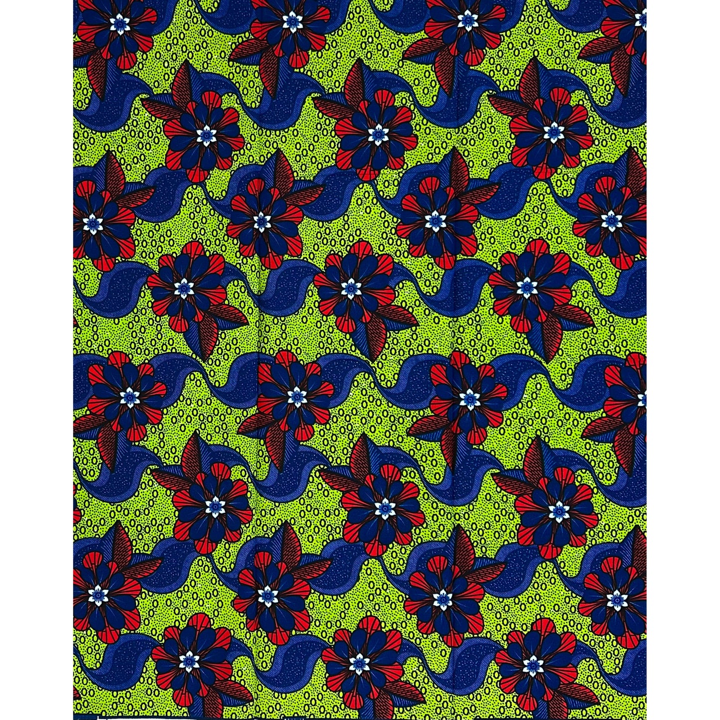African Print Fabric/ Ankara - Green, Red, Blue ‘Flowers Dey Dance' Design, YARD