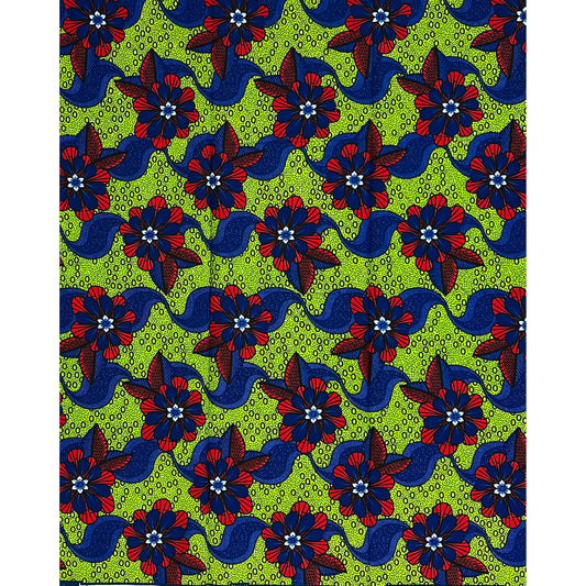 African Print Fabric/ Ankara - Green, Red, Blue ‘Flowers Dey Dance' Design, YARD