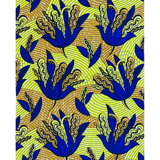 African Print Fabric/ Ankara - Yellow, Brown, Blue 'Drums Beneath The Water,’ YARD