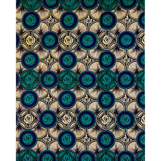 African Print Fabric/ Ankara - Green, Blue, Beige ‘Rotimi Rose' Design, YARD