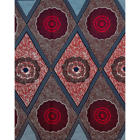 African Print Fabric/ Ankara - Brown, Blue, Red 'Afia Enum,' YARD