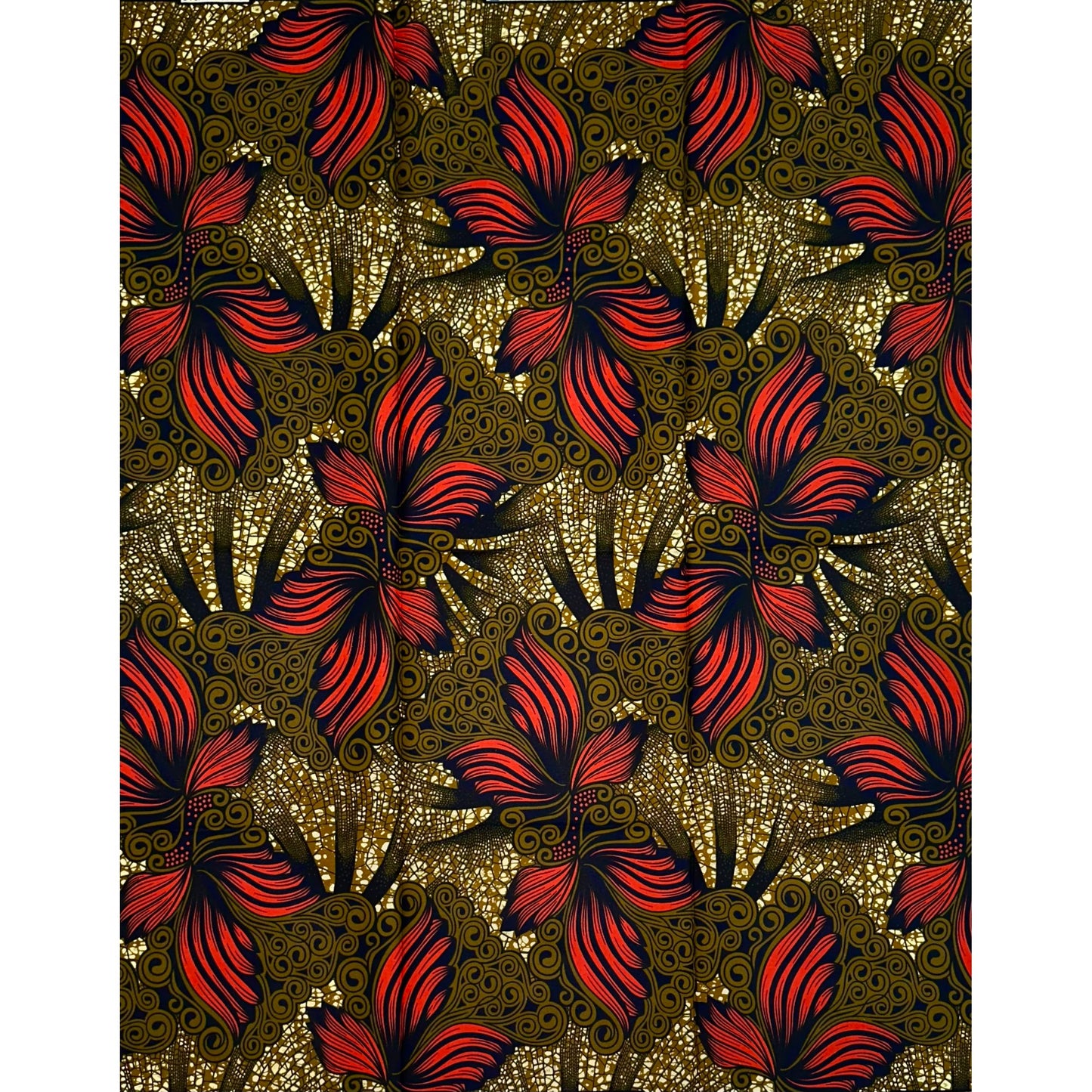 African Print Fabric/ Ankara - Red, Brown ‘Fiery Petals' Design, YARD