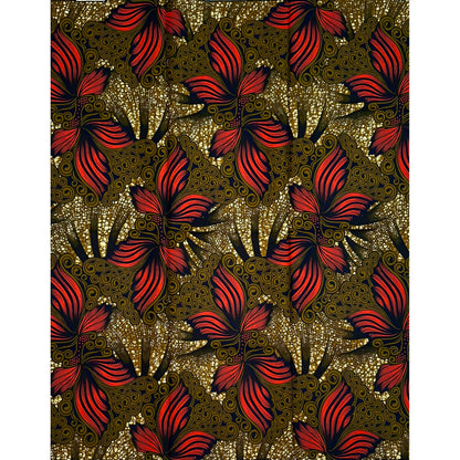 African Print Fabric/ Ankara - Red, Brown ‘Fiery Petals' Design, YARD