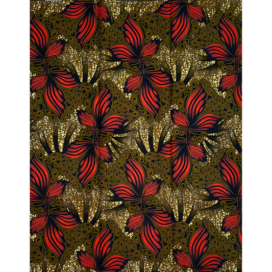 African Print Fabric/ Ankara - Red, Brown ‘Fiery Petals' Design, YARD