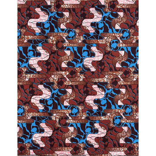 African Print Fabric/ Ankara - Brown, Blue, Pink 'Akanba ', 1 YARD