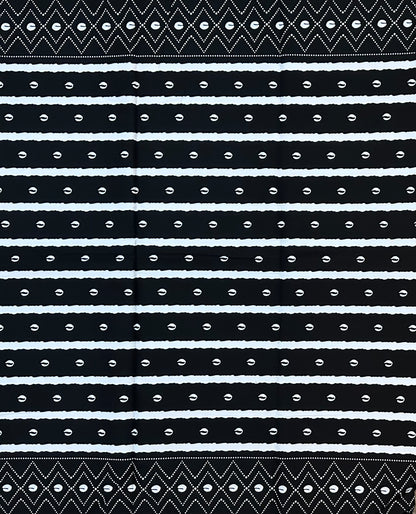 African Print Fabric/ Ankara - Black, White 'Shells & Stripes' Design, YARD or WHOLESALE
