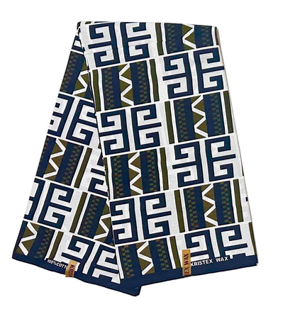African Print Fabric/ Ankara - Green, White, Black 'Inheritance Lines' Design, YARD or WHOLESALE