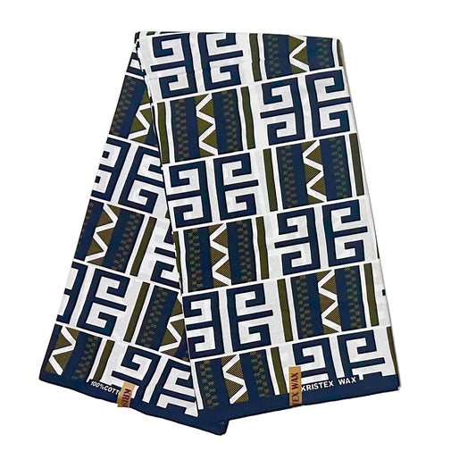 African Print Fabric/ Ankara - Green, White, Black 'Inheritance Lines' Design, YARD or WHOLESALE