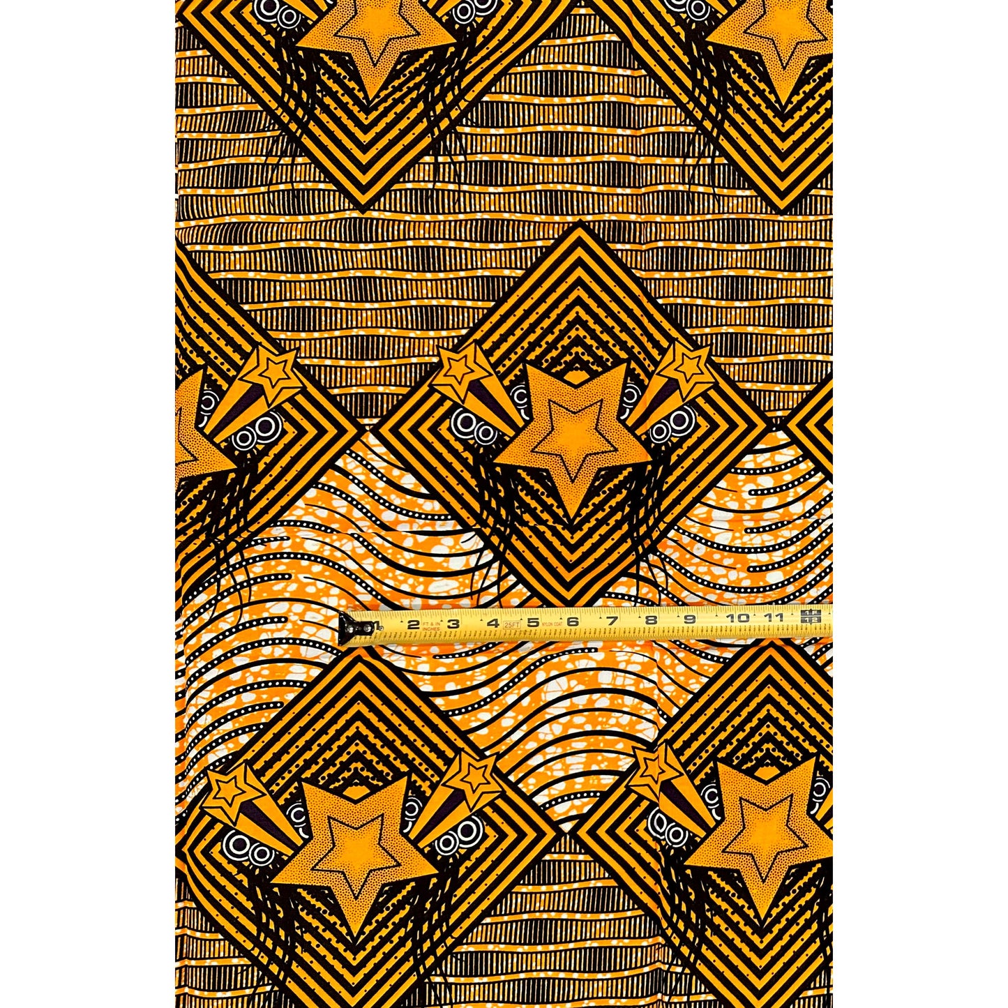 African Print Fabric/ Ankara - Orange, Black ‘Star of the Standard' Design, 1 YARD