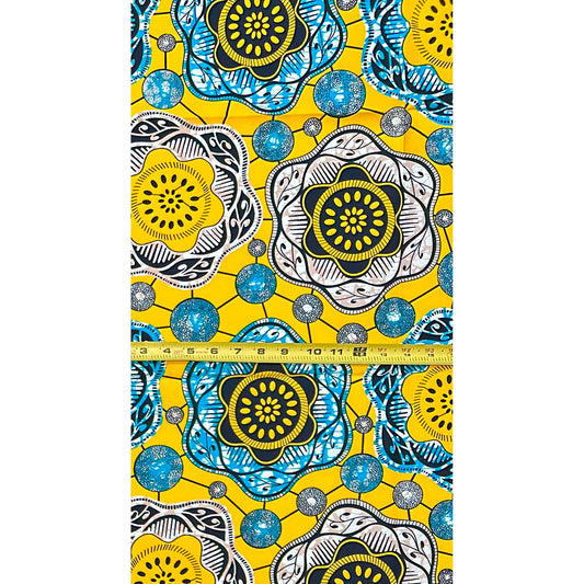 African Print Fabric/ Ankara - Yellow, Blue, Brown, Black 'Joy Lives In Circles,' YARD