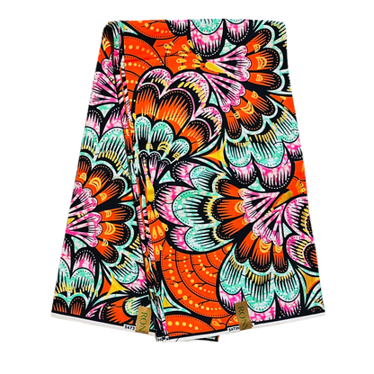 African Print Fabric/ Ankara - Orange, Turquoise, Pink, Shimmering Gold 'Festival of Fireflowers’ YARD or WHOLESALE