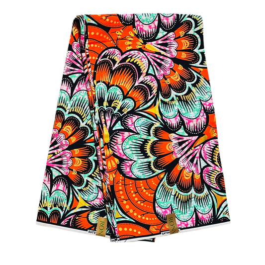 African Print Fabric/ Ankara - Orange, Turquoise, Pink, Shimmering Gold 'Festival of Fireflowers’ YARD or WHOLESALE