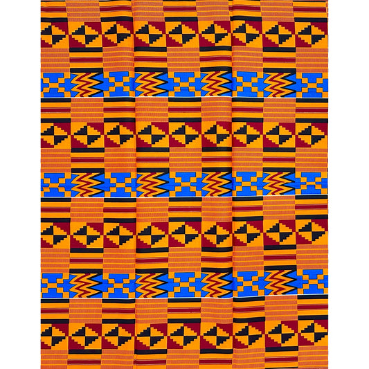 African Print Fabric/Ankara - Orange, Red, Blue, Black "Gold Coast Frequency" Kente, 1 Yard