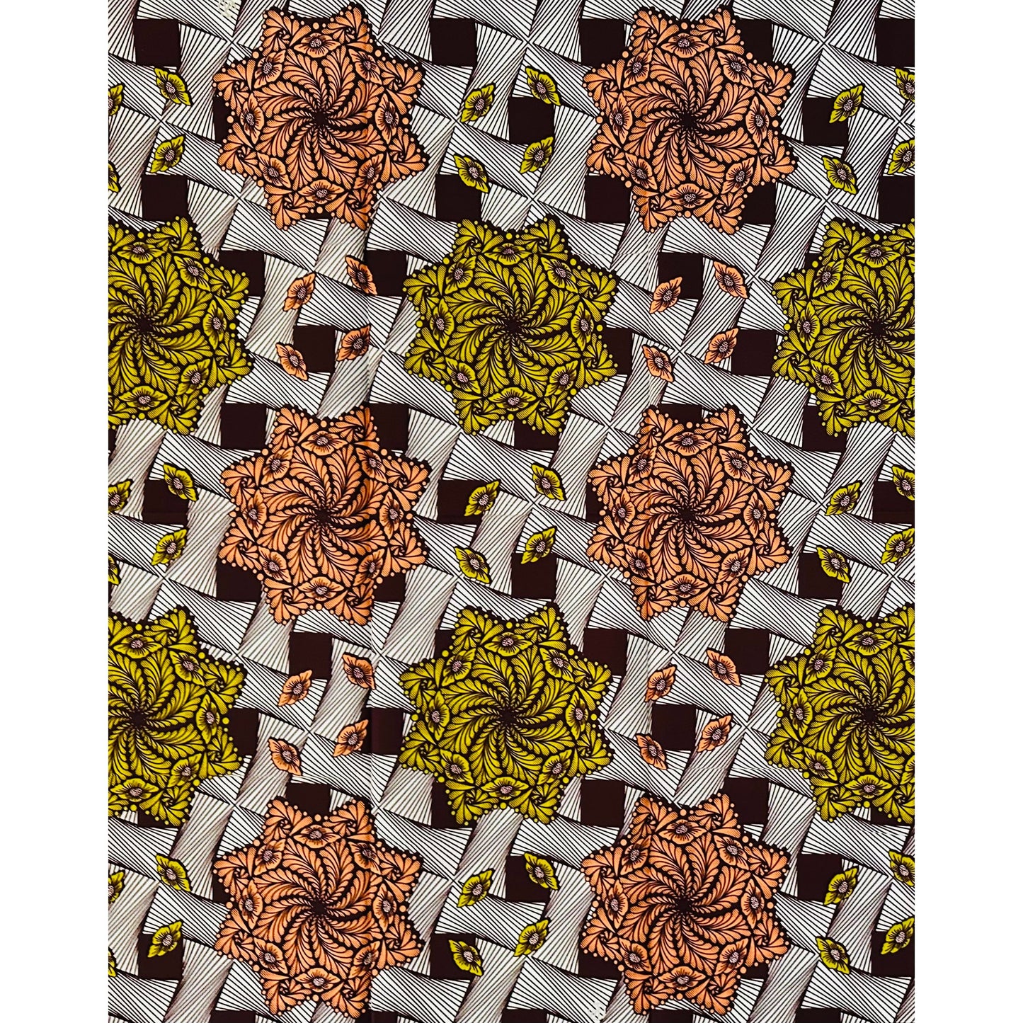 African Print Fabric/ Ankara - Coral, Chartreuse, Brown 'Orisun Celestial Star,' YARD